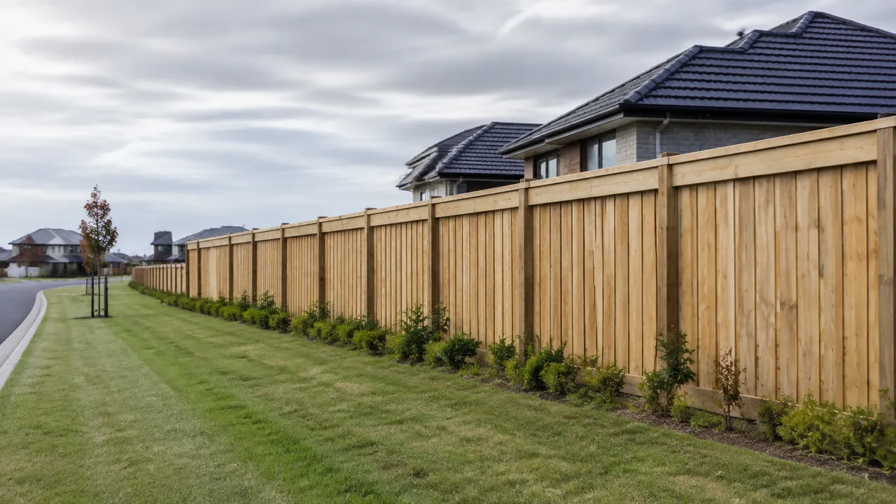 Long treated-timber boundary fence between Christchurch properties