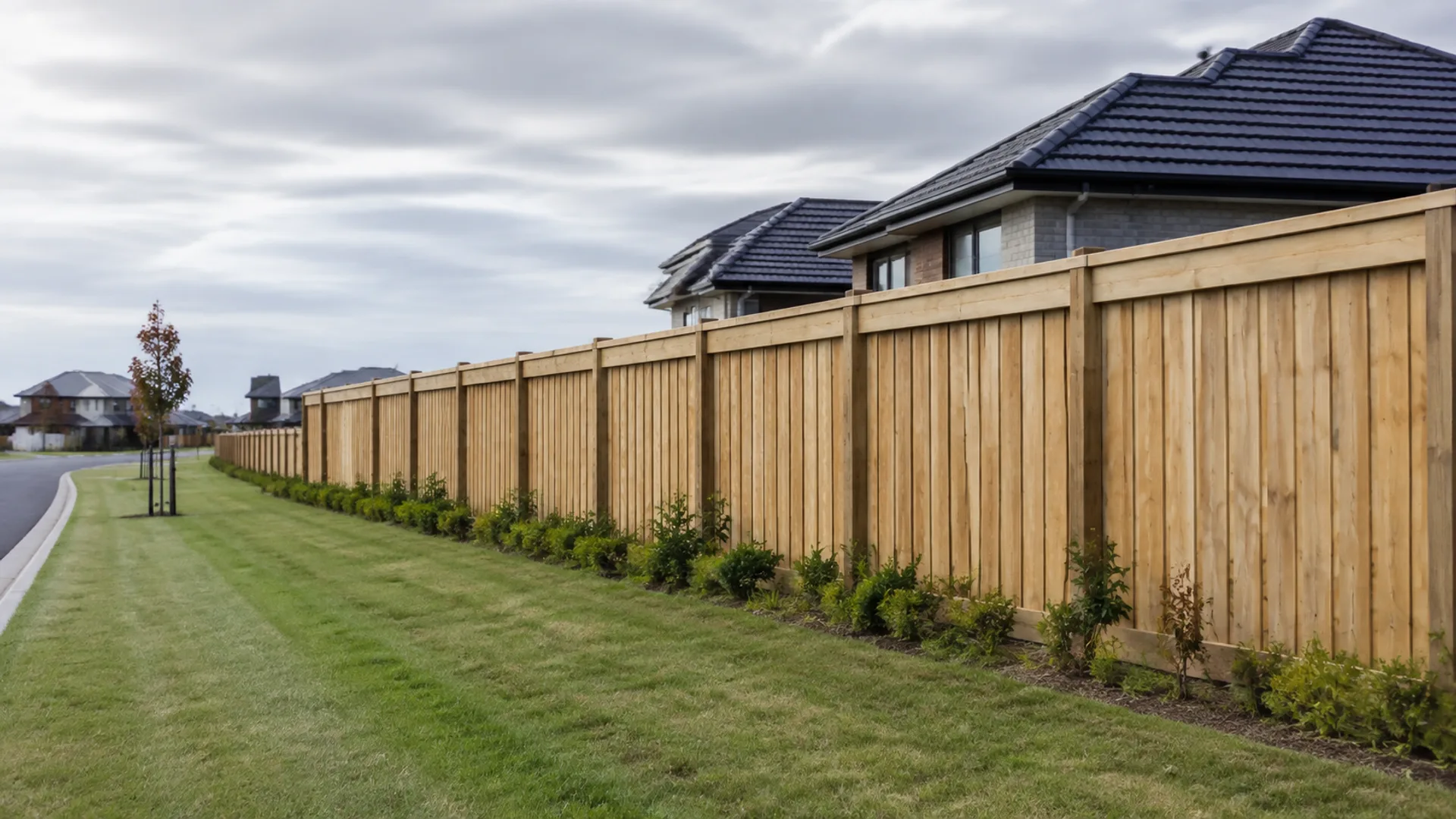 Long treated-timber boundary fence between Christchurch properties