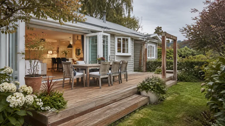 Natural timber deck connected to a Christchurch home and garden