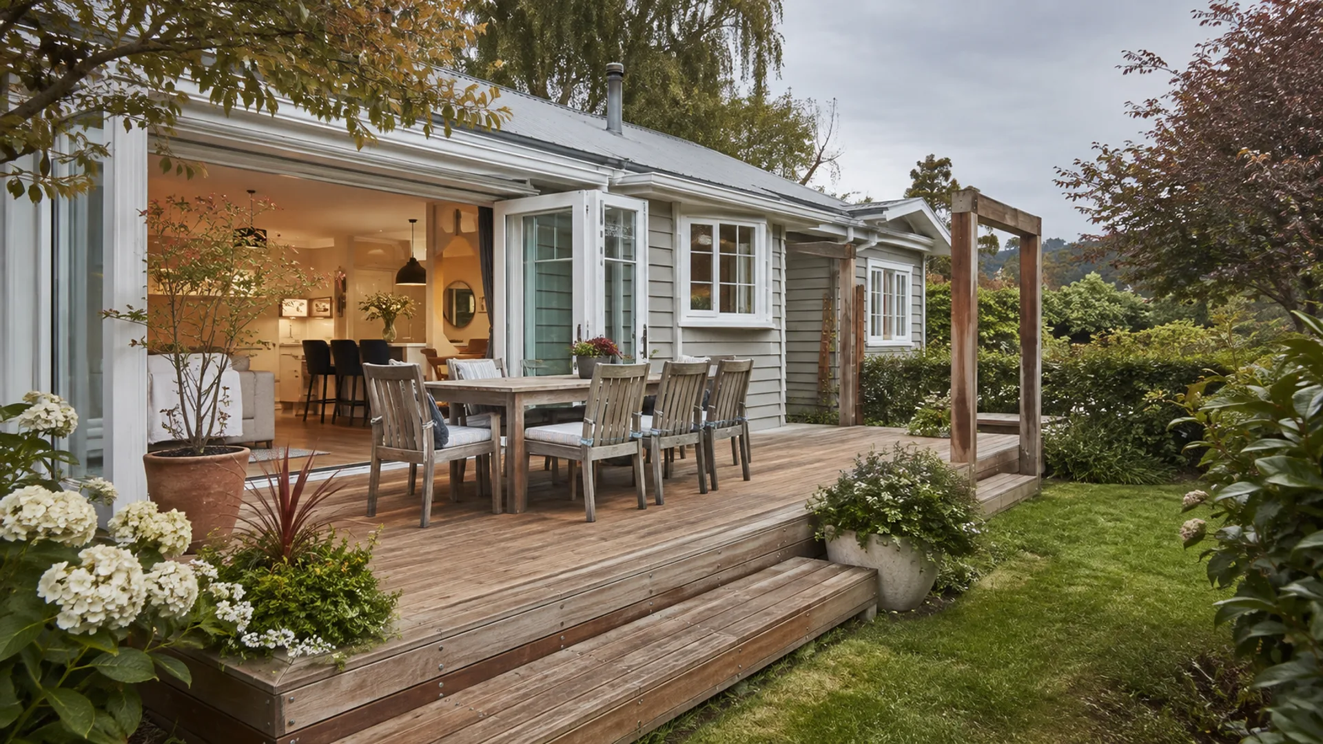 Natural timber deck connected to a Christchurch home and garden