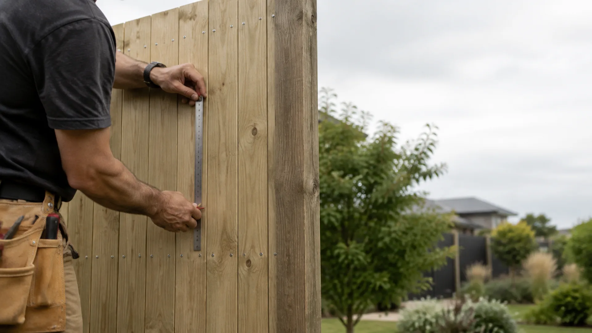 Craftsperson measuring a newly built timber fence