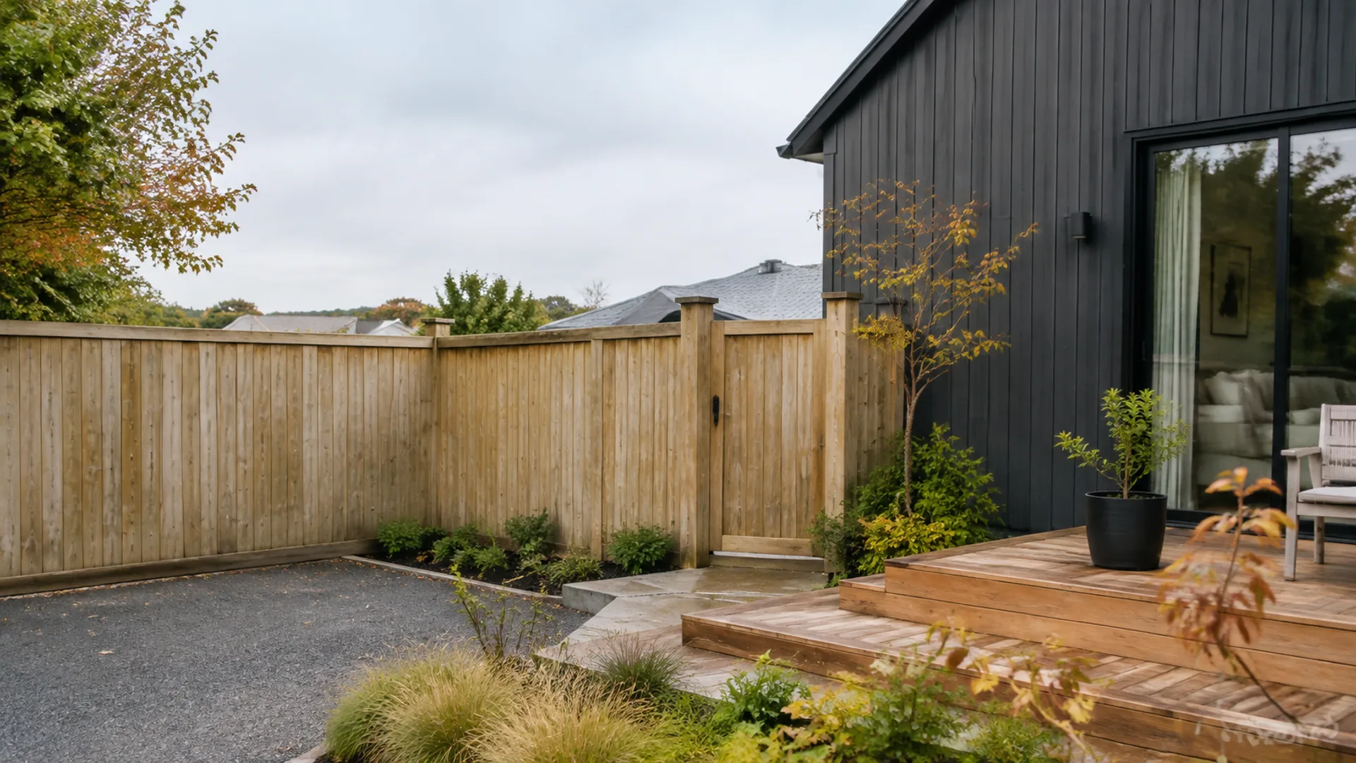 Timber fence, gate and deck at a landscaped Christchurch home