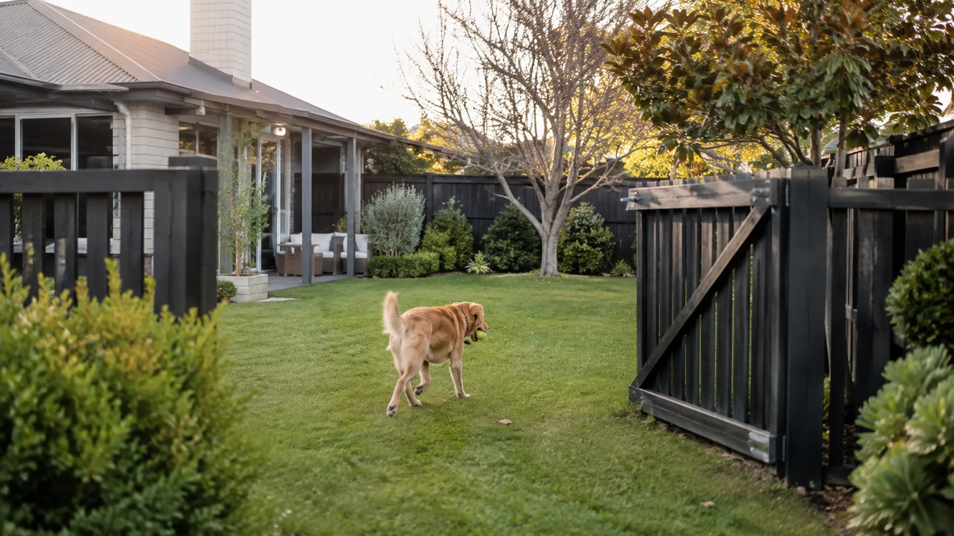 Dog playing safely inside a fenced Christchurch garden