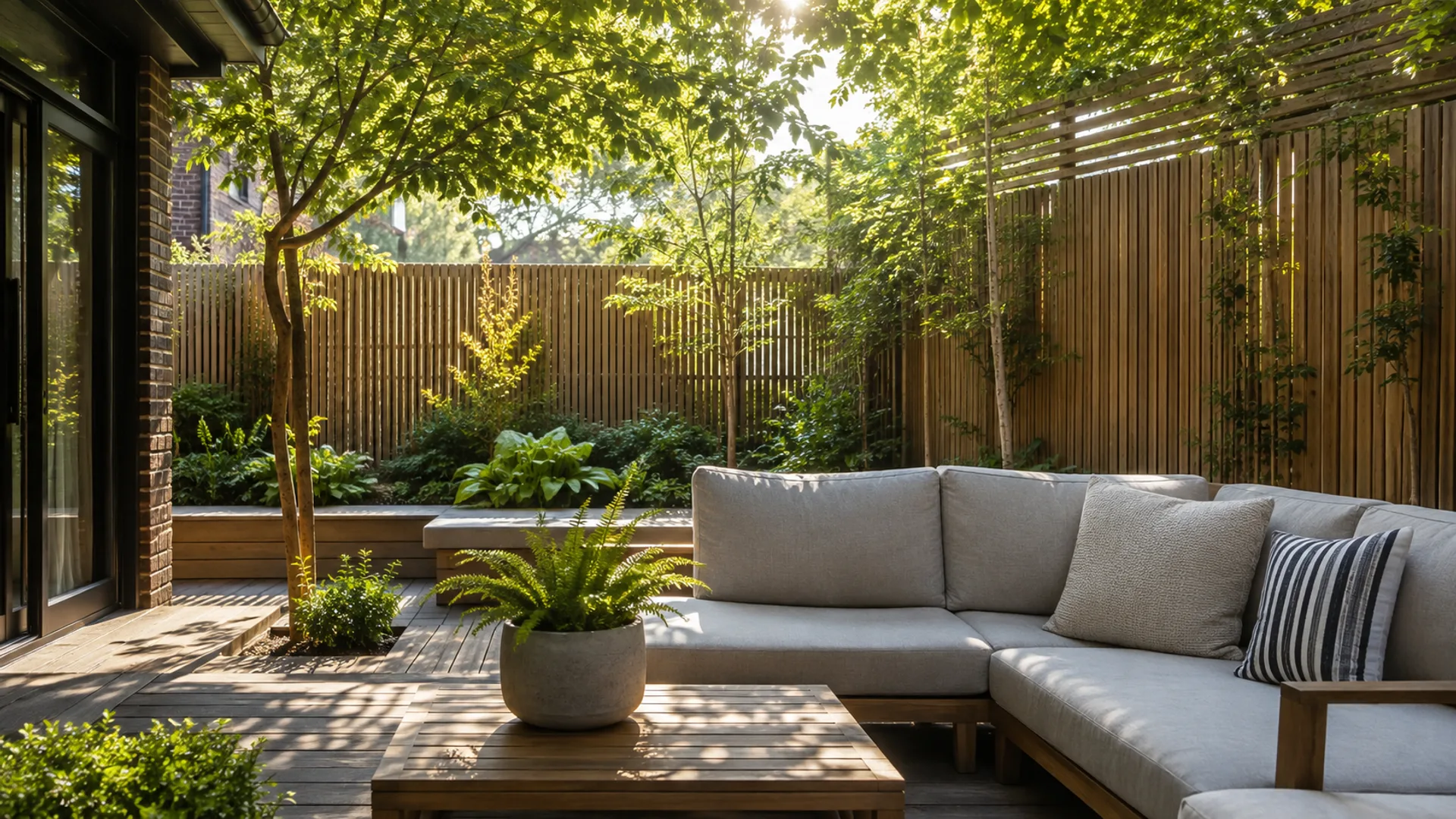 Peaceful private courtyard with attractive timber screening