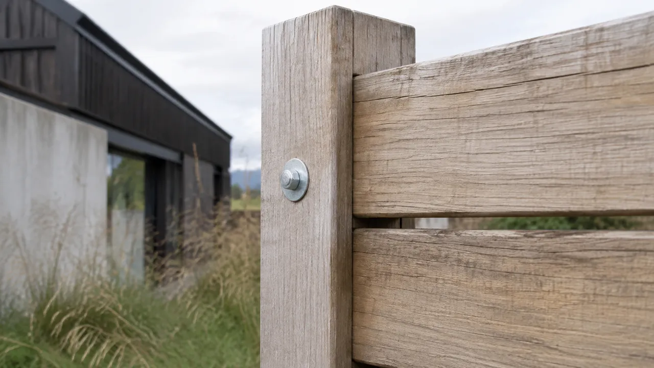 Close detail of natural timber joinery on a Christchurch wooden fence