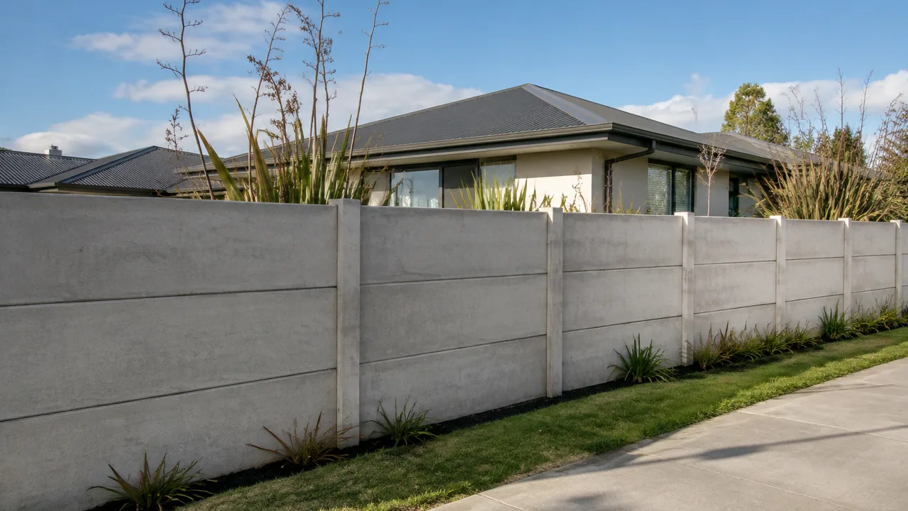 Illustrative concrete panel fence beside a contemporary Canterbury home