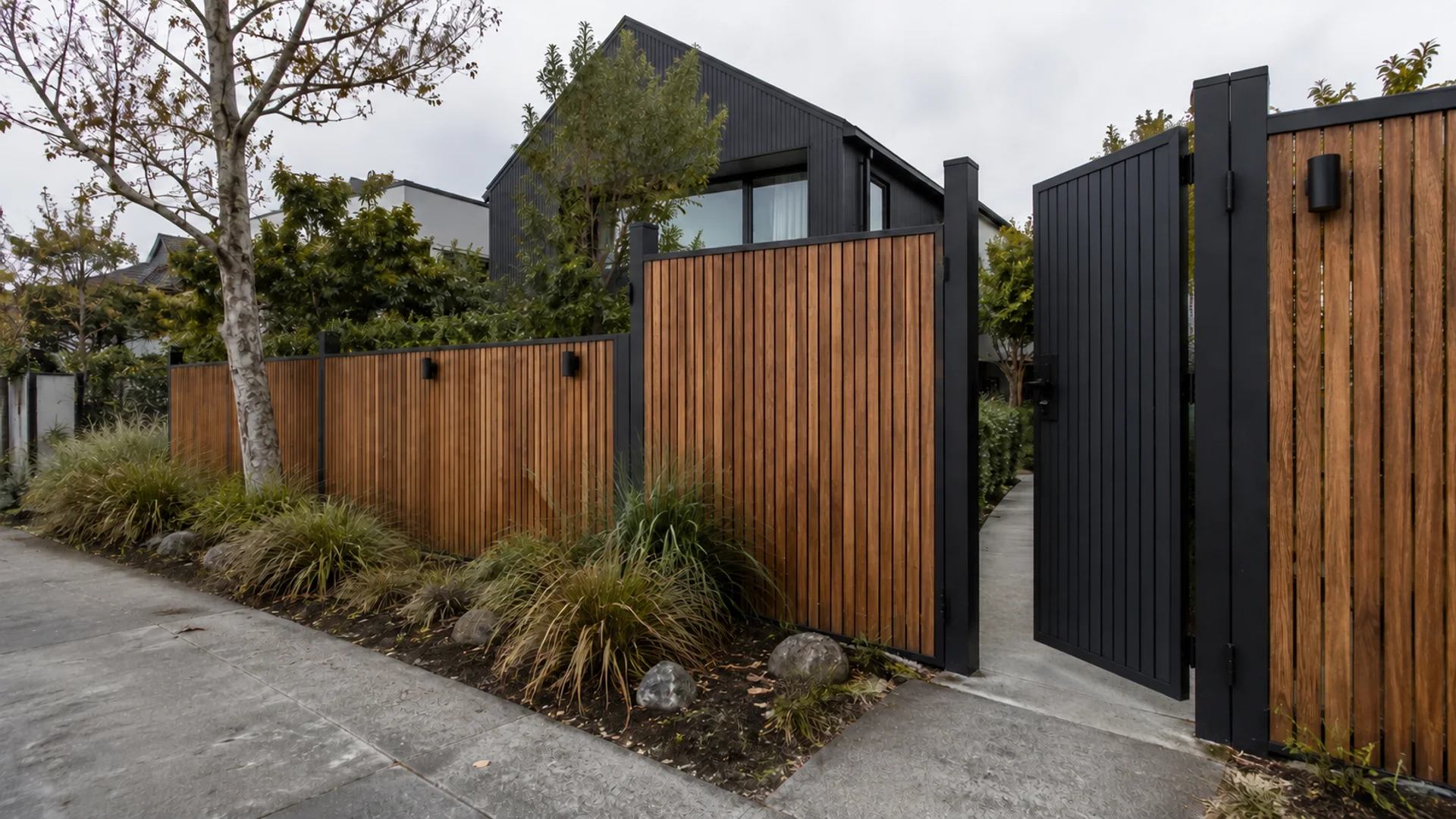 Natural timber fence and matte black aluminium gate beside a modern home, concrete path and native planting in soft overcast daylight